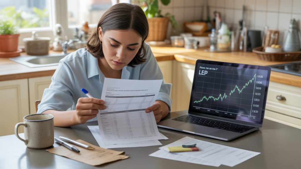 Personne consultant des documents financiers dans une cuisine lumineuse avec un graphique d’évolution des taux, dans une scène réaliste et naturelle.
