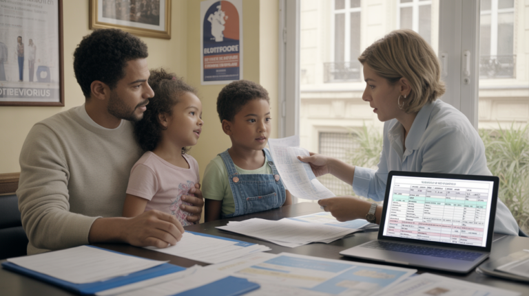 Scène réaliste d’une famille française discutant de leur impôt avec un conseiller fiscal dans un bureau lumineux et naturel.