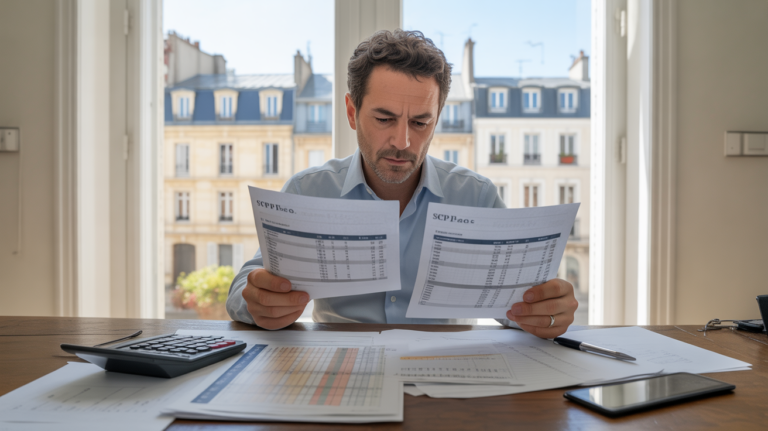 Investisseur français analysant des documents de revenus immobiliers et de fiscalité SCPI devant une fenêtre donnant sur de vrais immeubles.