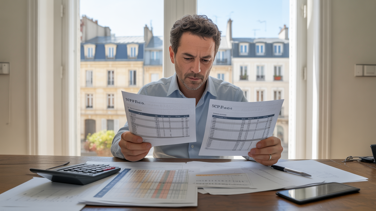 Investisseur français analysant des documents de revenus immobiliers et de fiscalité SCPI devant une fenêtre donnant sur de vrais immeubles.