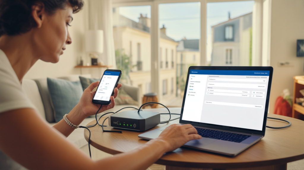 Personne dans un salon français moderne gérant son mobile et sa box internet sur un ordinateur, dans une scène réaliste et lumineuse.