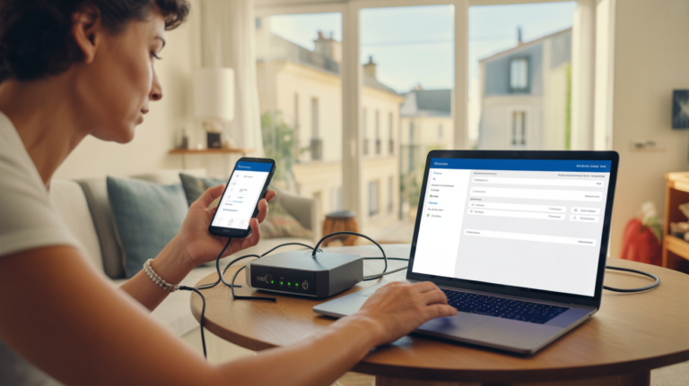 Personne dans un salon français moderne gérant son mobile et sa box internet sur un ordinateur, dans une scène réaliste et lumineuse.