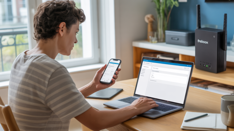 Personne utilisant un smartphone et un ordinateur dans un appartement moderne pour gérer ses services mobile et internet.