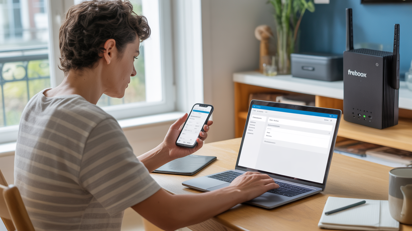 Personne utilisant un smartphone et un ordinateur dans un appartement moderne pour gérer ses services mobile et internet.