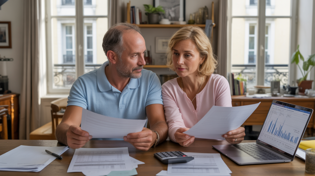 Couple français d’âge moyen examinant des documents d’épargne retraite et de fiscalité à leur table, dans un appartement réaliste et bien éclairé.