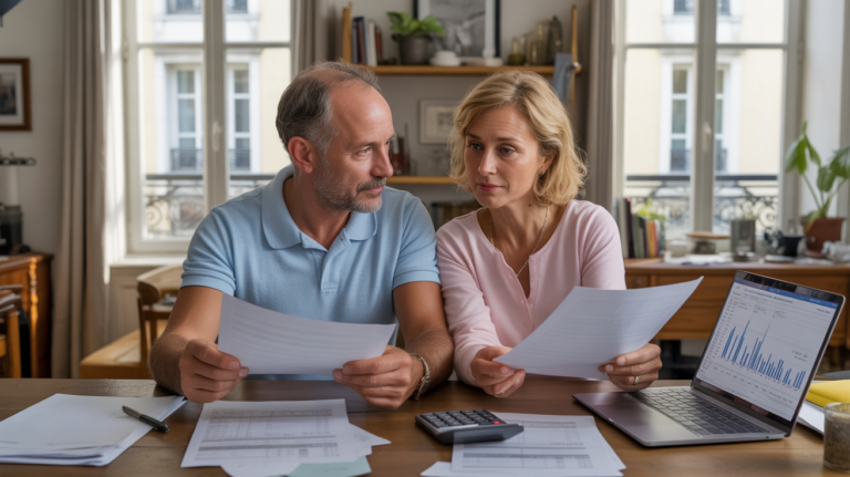 Couple français d’âge moyen examinant des documents d’épargne retraite et de fiscalité à leur table, dans un appartement réaliste et bien éclairé.