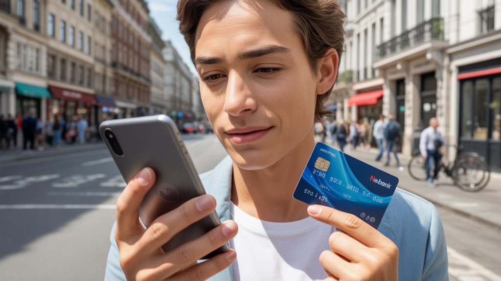 Jeune professionnel utilisant une application bancaire sur smartphone dans une rue européenne réaliste et authentique, avec une carte de néobanque générique et une ambiance urbaine naturelle.