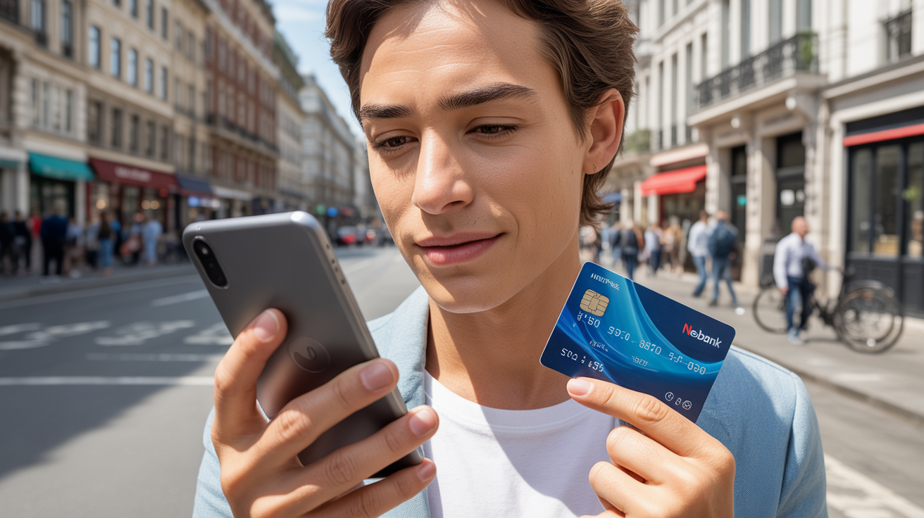 Jeune professionnel utilisant une application bancaire sur smartphone dans une rue européenne réaliste et authentique, avec une carte de néobanque générique et une ambiance urbaine naturelle.