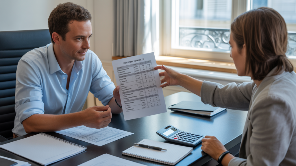 Scène réaliste dans un bureau français où un employé examine des documents de calcul d'indemnité de licenciement avec un responsable RH dans un environnement lumineux et authentique.