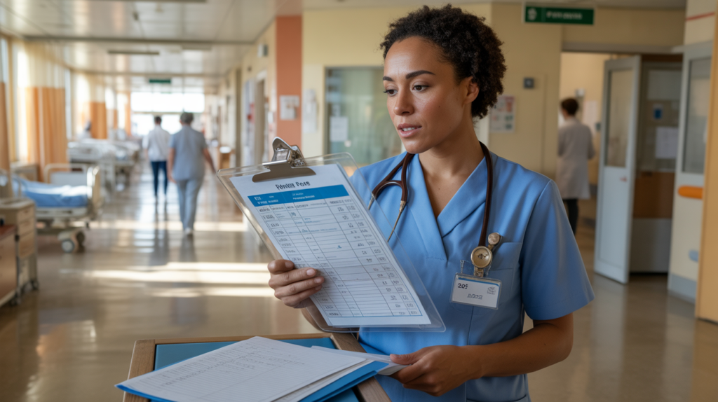 Infirmier dans un hôpital français consultant des documents illustrant une progression de carrière et de salaire, dans un environnement hospitalier réaliste et naturel.