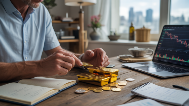 Photo réaliste de mains examinant des lingots et pièces d’or sur une table en bois avec un ordinateur affichant des graphiques financiers dans un appartement moderne.