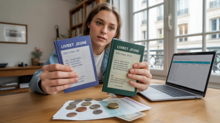 Jeune adulte examinant deux livrets d’épargne français sur une table, dans un appartement urbain lumineux et réaliste.