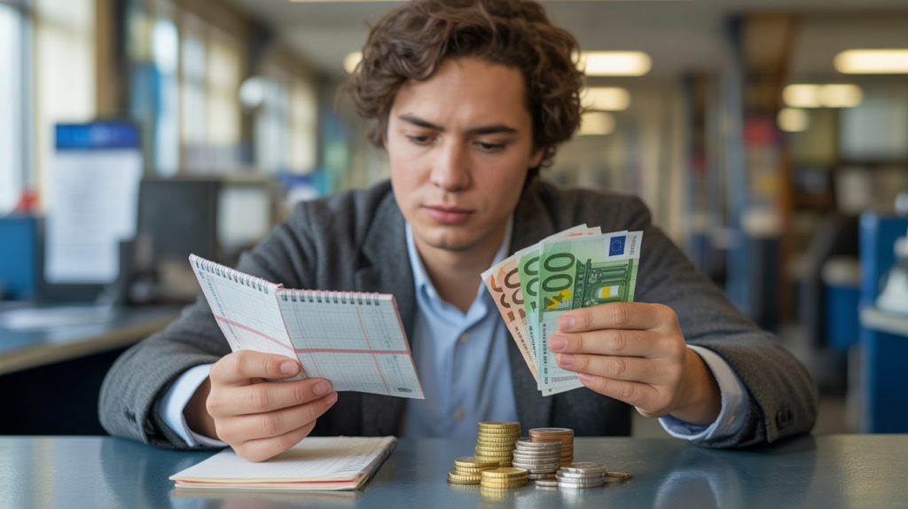 Jeune adulte comptant ses économies dans une banque française réelle, illustrant le plafond du livret jeune.