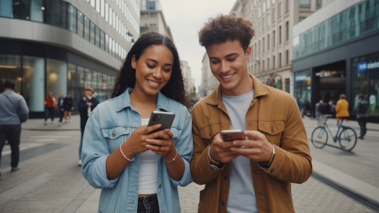 Deux jeunes adultes devant une vraie banque moderne en ville, comparant des applications bancaires sur leurs téléphones dans une scène réaliste et naturelle.