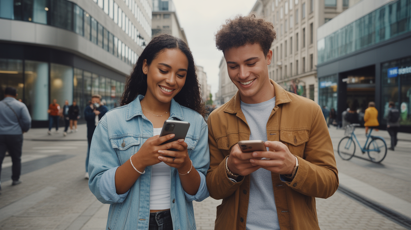 Deux jeunes adultes devant une vraie banque moderne en ville, comparant des applications bancaires sur leurs téléphones dans une scène réaliste et naturelle.