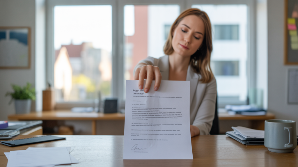 Scène réaliste d’un bureau où une personne dépose sa lettre de démission sur un bureau éclairé par une lumière naturelle du matin.