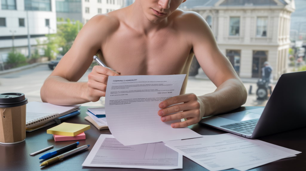 Personne rédigeant une lettre de réclamation sur un bureau réaliste avec documents et ordinateur dans un environnement professionnel naturel.