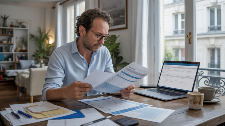 Photo réaliste d'une personne française analysant des documents fiscaux et financiers dans un appartement parisien lumineux.