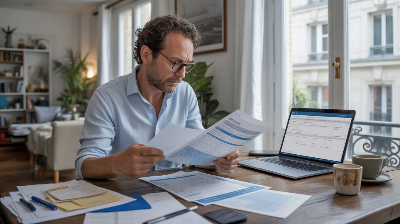 Photo réaliste d'une personne française analysant des documents fiscaux et financiers dans un appartement parisien lumineux.