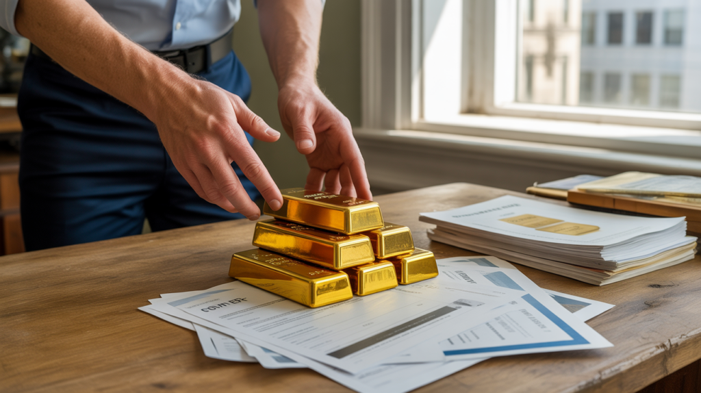 Scène réaliste montrant des mains comparant des lingots d’or physiques et des documents financiers représentant l’or papier sur un bureau en bois éclairé par la lumière naturelle.