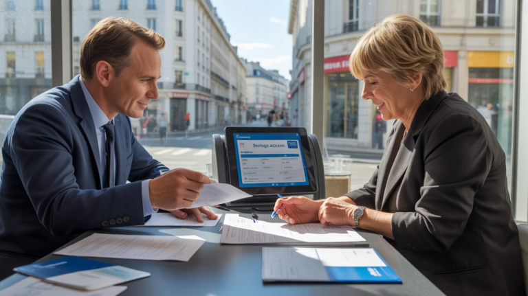 Scène réaliste dans une agence bancaire française avec un conseiller aidant un client à ouvrir un compte épargne.