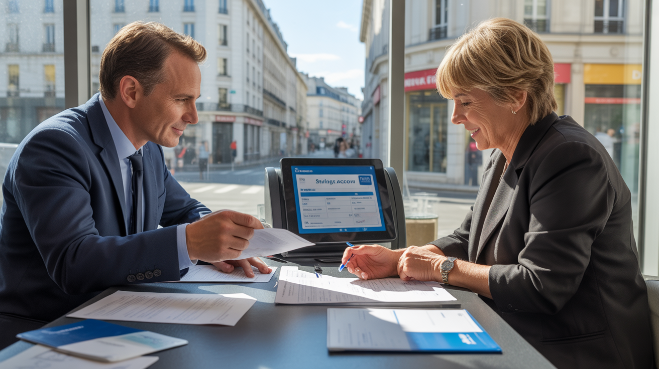 Scène réaliste dans une agence bancaire française avec un conseiller aidant un client à ouvrir un compte épargne.
