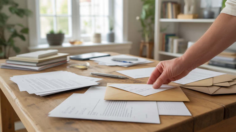 Scène réaliste d’un bureau où une personne prépare des courriers officiels avec lettres, enveloppes et lumière naturelle.