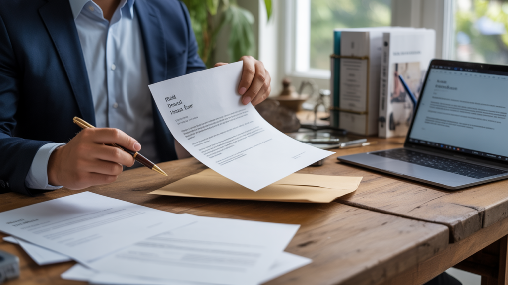 Scène réaliste d’un bureau où une personne rédige une lettre de mise en demeure avec des documents légaux et une lumière naturelle.