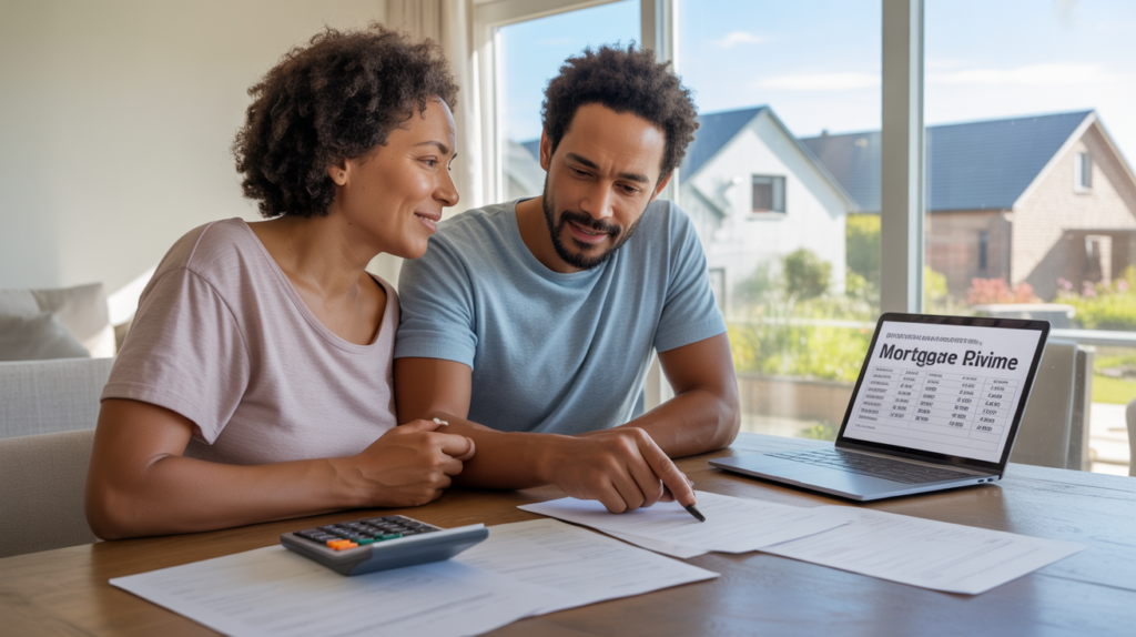 Couple analysant des documents financiers dans un salon lumineux avec vue sur des bâtiments réels, symbolisant la renégociation d’un prêt immobilier.