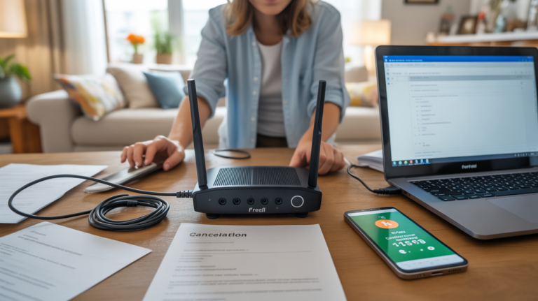 Personne assise à un bureau en train de préparer la résiliation de sa box internet avec documents, routeur débranché et ambiance réaliste dans un salon éclairé naturellement.