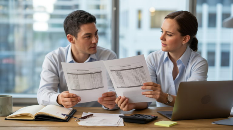 Scène réaliste dans un bureau RH moderne où un employé et un responsable examinent des documents détaillés de solde de tout compte.