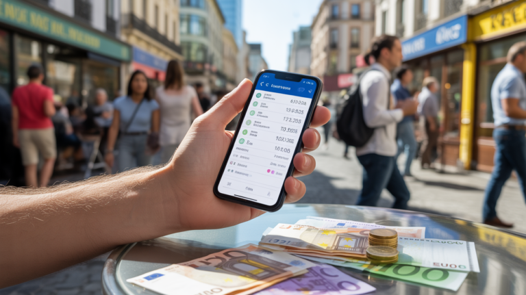 Main image réaliste montrant une personne utilisant une application de conversion de devises sur un smartphone dans une rue européenne animée, avec des billets et pièces en euros et une scène urbaine authentique.