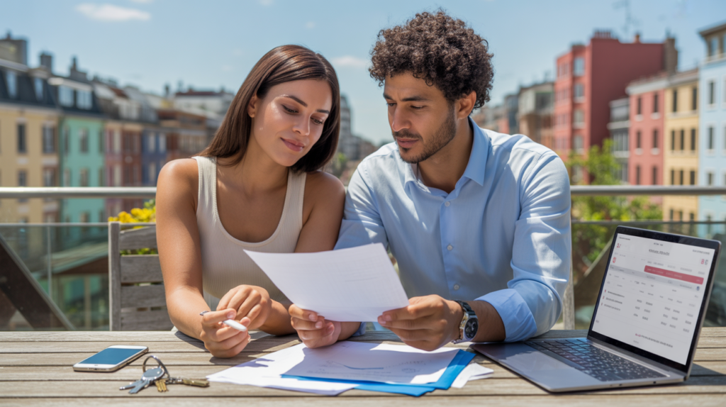 Couple réaliste consultant des documents financiers sur une terrasse ensoleillée avec des immeubles réels en arrière-plan.