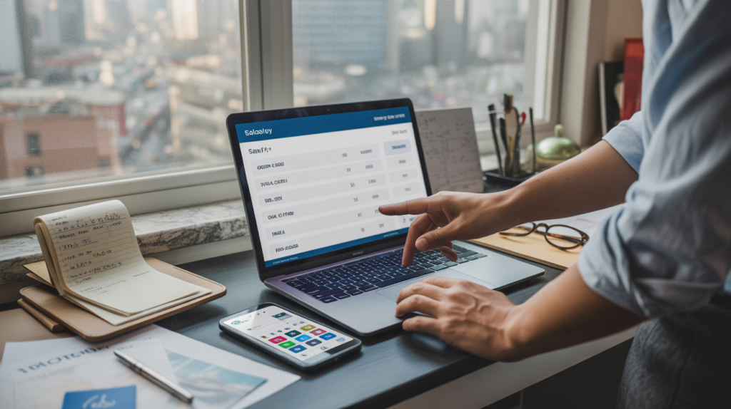 Scène réaliste d’un bureau moderne avec un ordinateur affichant une calculatrice de salaire et des objets de travail authentiques.
