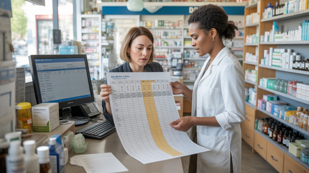 Scène réaliste dans une pharmacie française où un pharmacien et un préparateur examinent ensemble des documents de grille salariale dans un cadre authentique et naturel.