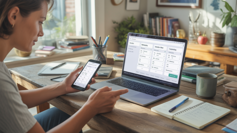 Scène réaliste d’un bureau moderne montrant une personne utilisant plusieurs calculateurs en ligne sur un ordinateur portable et un smartphone dans un environnement naturel et lumineux.