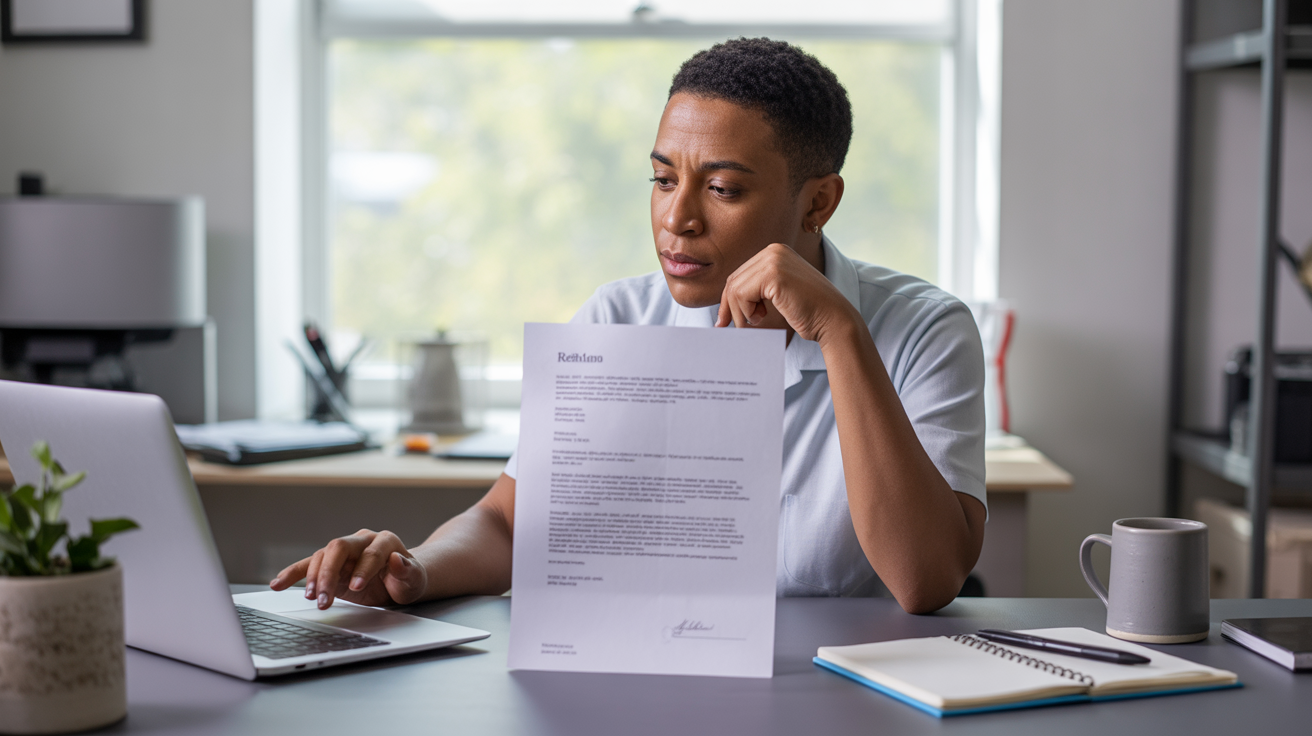 Scène réaliste d’un employé préparant calmement une lettre de démission sur un bureau lumineux et naturel.