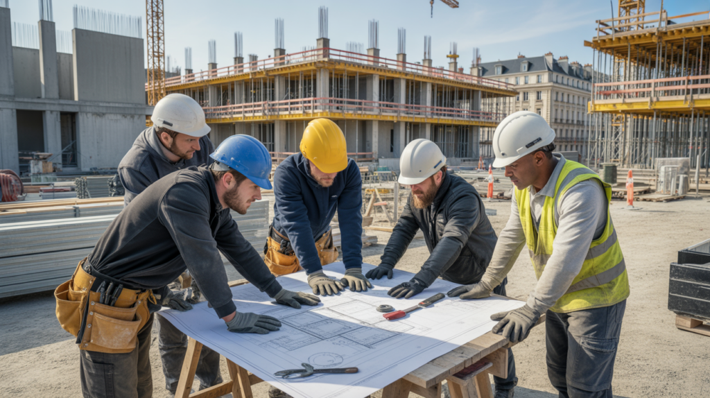 Scène réaliste de travailleurs du BTP sur un chantier collaborant autour de plans avec bâtiments, matériaux et outils authentiques en arrière‑plan.