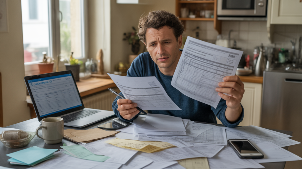 Personne concentrée vérifiant sa déclaration de revenus à une table de cuisine avec documents et ordinateur.