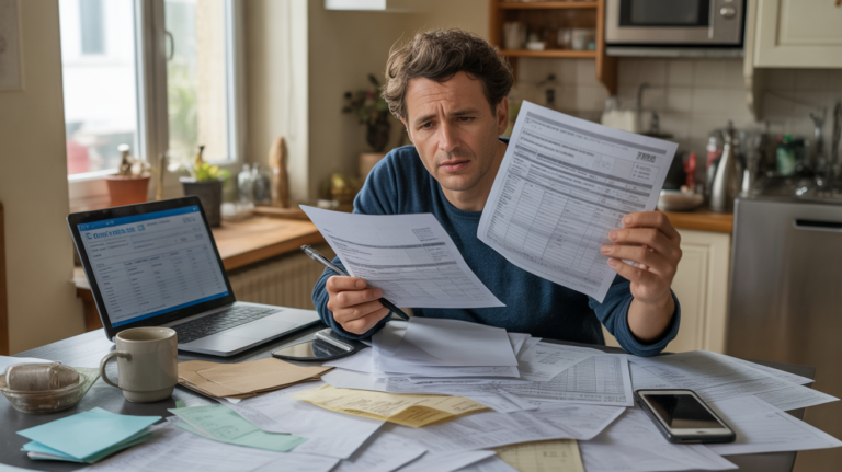 Personne concentrée vérifiant sa déclaration de revenus à une table de cuisine avec documents et ordinateur.