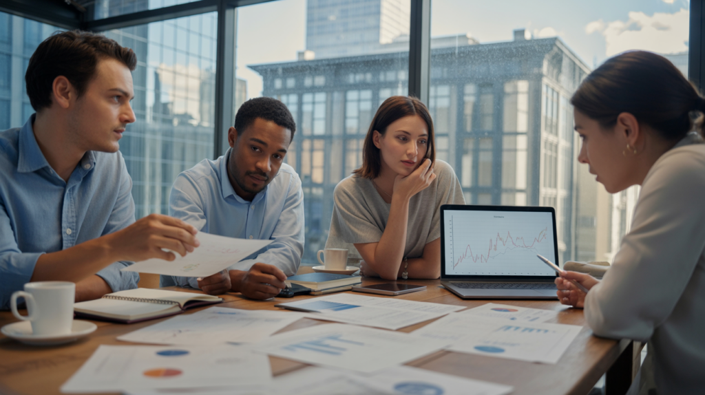 Scène réaliste dans un bureau financier moderne où une équipe analyse des documents et graphiques liés au capital-investissement.