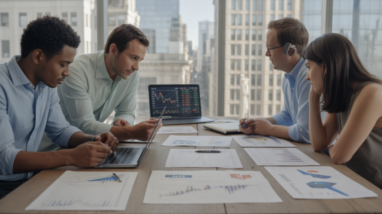 Scène réaliste montrant des professionnels analysant différents types de fonds d'investissement autour d'une table avec graphiques et documents.