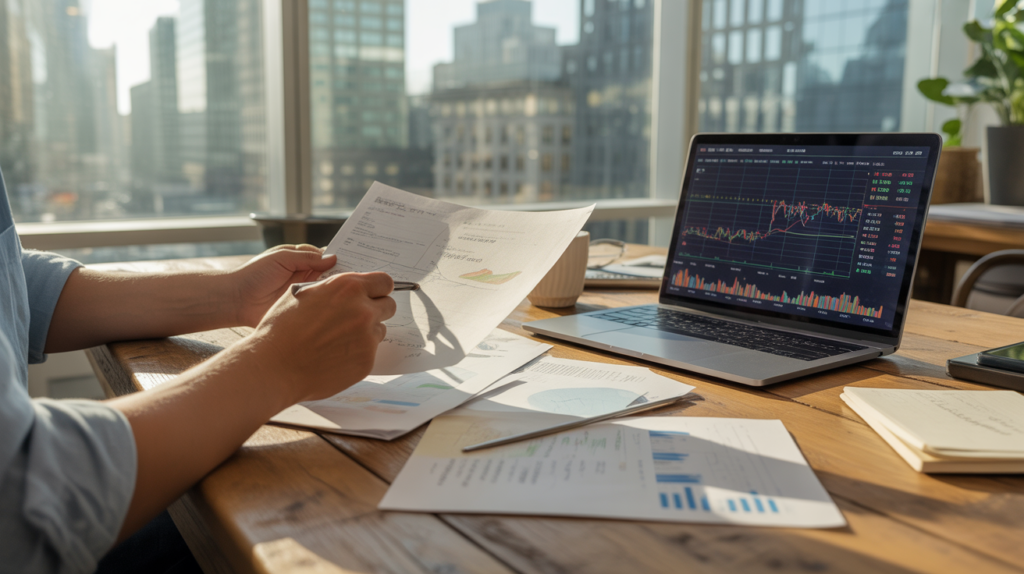 Scène réaliste d’un espace de travail financier avec une personne analysant des documents d’investissement et un ordinateur montrant un portefeuille.