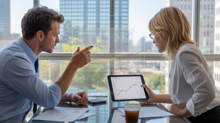 Deux analystes financiers dans un bureau moderne comparent des graphiques de fonds actifs et d’ETF sur des écrans transparents avec une vue urbaine réaliste en arrière‑plan.