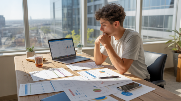 Scène réaliste d’un professionnel analysant des documents financiers sur un bureau éclairé par la lumière naturelle.