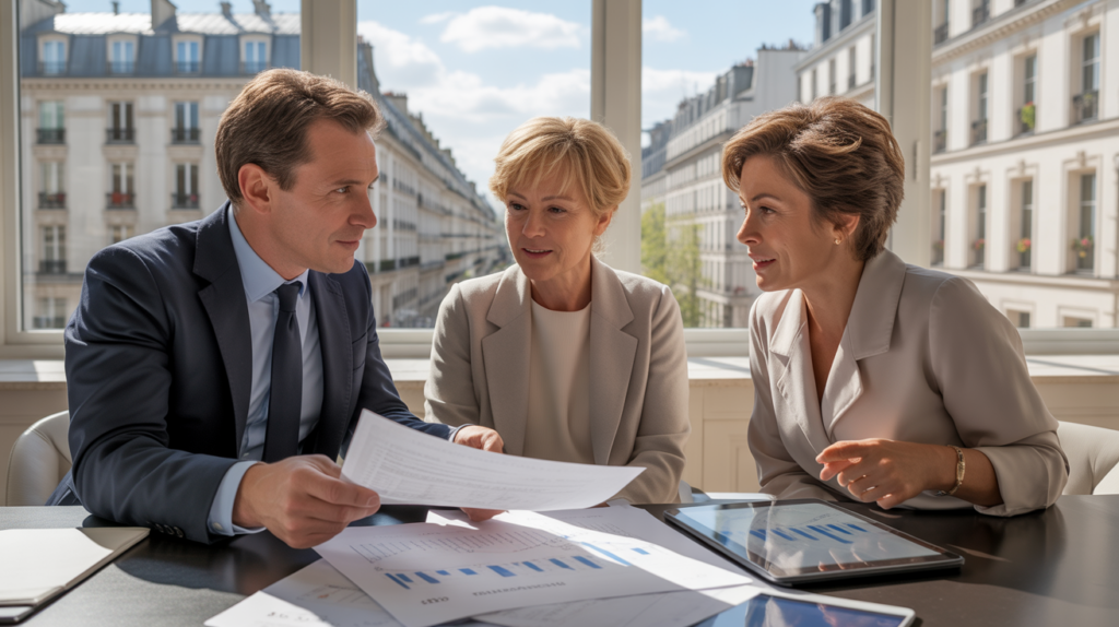 Scène réaliste d’un couple consultant un conseiller financier dans un bureau parisien lumineux, avec des documents de placements et une vue sur des immeubles haussmanniens.