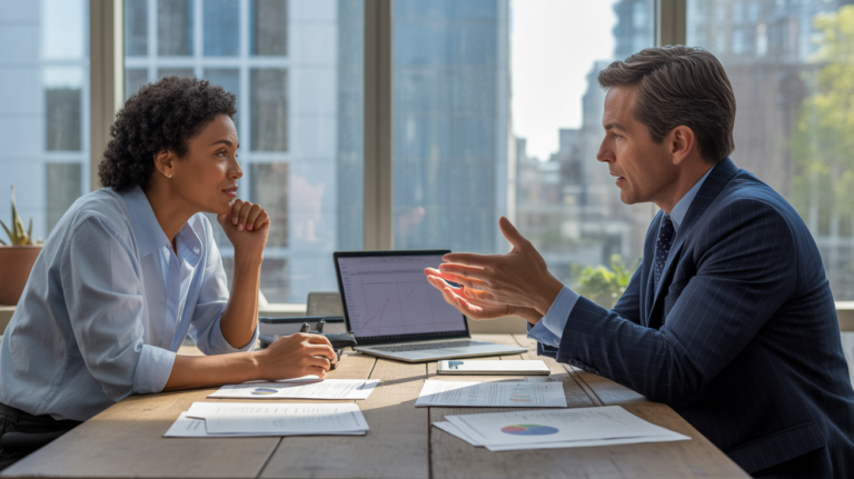 Scène réaliste d’un conseiller en gestion de patrimoine discutant de documents financiers avec un client dans un bureau moderne et lumineux, ambiance naturelle et authentique.