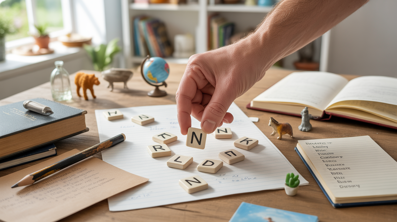 Scène réaliste d’un bureau lumineux avec des lettres et des objets évoquant la créativité pour le petit bac.