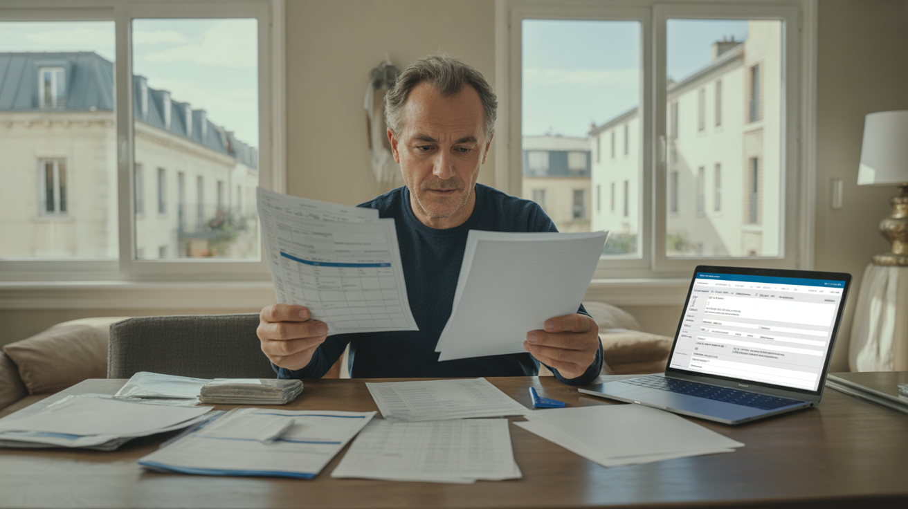 Propriétaire examinant des documents fiscaux et de revenus locatifs dans un appartement lumineux avec vue sur des immeubles français.
