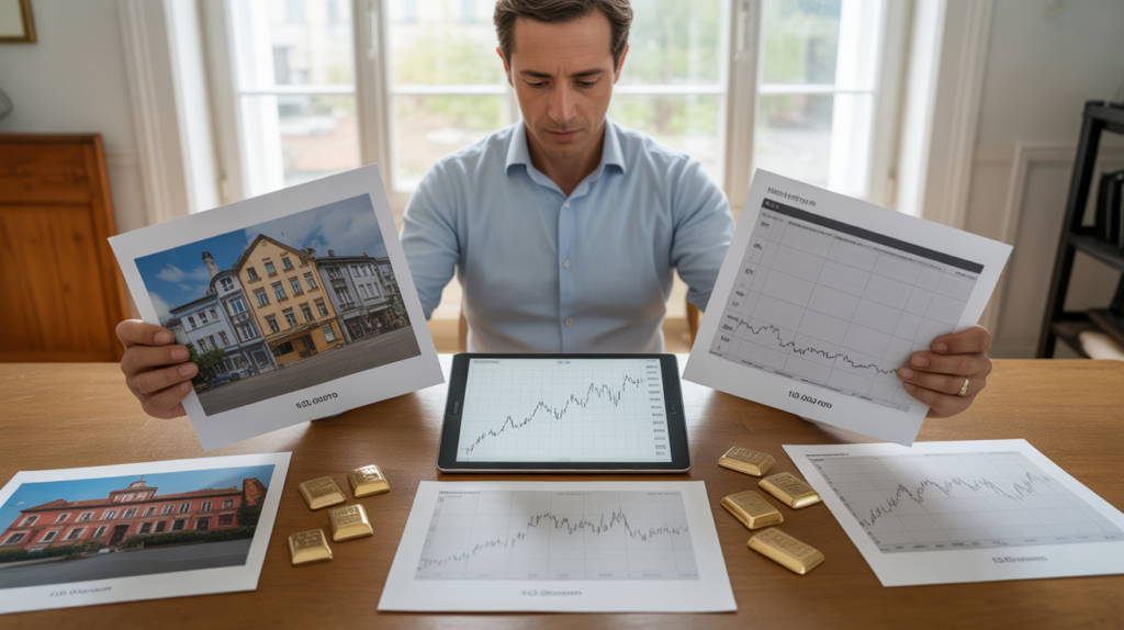 Scène réaliste d’une personne examinant différents supports d’investissement, comme des documents immobiliers, des graphiques financiers, une tablette et de petits lingots d’or sur une table éclairée par la lumière du jour.